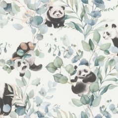   Jó hangulatú játékos pandák eukaliptusz ágakon fehér fekete zöld és kékeszöld tónus tapéta