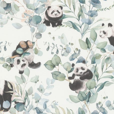 Jó hangulatú játékos pandák eukaliptusz ágakon fehér fekete zöld és kékeszöld tónus tapéta