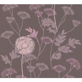   Természet ihlette grafikus minta - Pitypang és kaporvirág sötétbarna/szürkésbarna rózsaszín lila és szürkéslila gyöngyházfényű csillogás tapéta