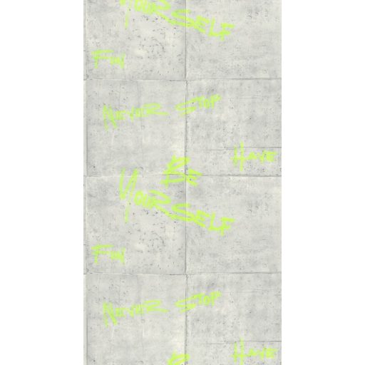 Caselio Young and Free 103319026 CHILL TIME Ipari stílus utcai dekoráció élethű betonfal szürke árnyalatok neon sárgászöld graffiti tapéta