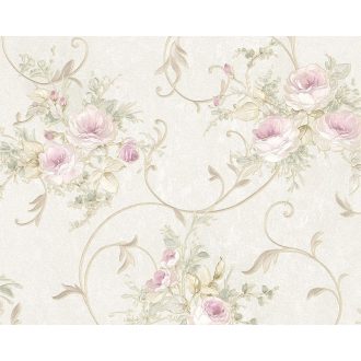   As-Creation Romantica 3, 30420-2 Virágos romantikus díszes indák metszett minta /rózsa/ rajzolat  krém zöld rózsaszín/lila tapéta