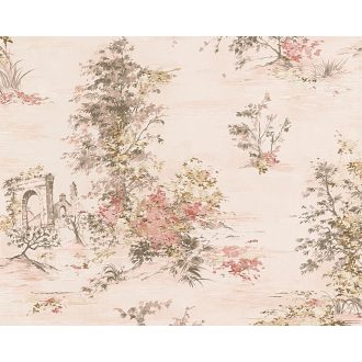   As-Creation Romantica 3, 30429-2 Mesebeli virágos tájkép lágy rózsaszín krém és szürkésbarna tónus tapéta