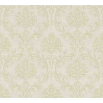   Természetes megjelenésű klasszikus barokk díszítőminta világoszöld és zöld tónusok fémes hatás tapéta