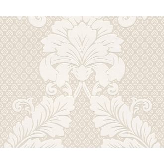   Bársonyos tapintású flockolt  klasszikus barokk ornamentika fémes háttéren krémfehér krém és ezüst tónus tapéta