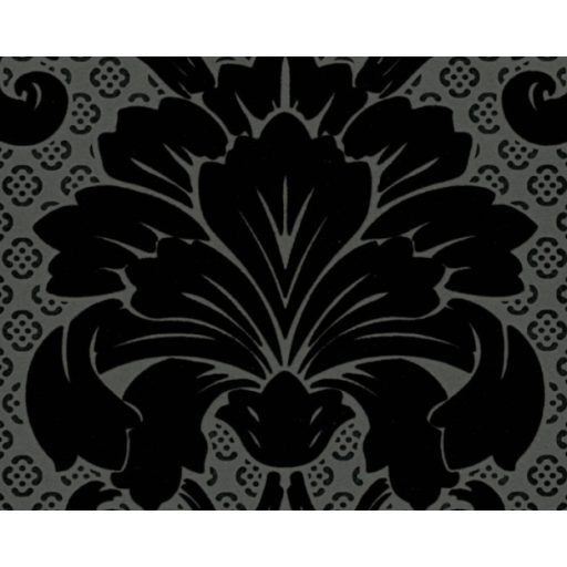 Bársonyos tapintású flockolt  klasszikus barokk ornamentika fémes háttéren szürke ezüst és fekete tónus tapéta