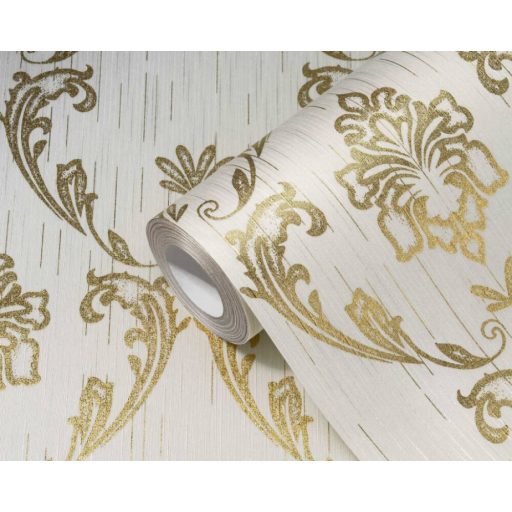 Klasszikus barokk ornamentika Vintage stílusban fehér és fényes arany tónus textiltapéta