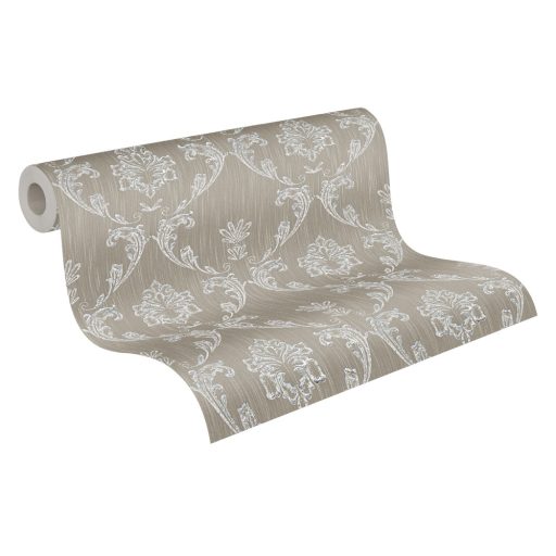 Klasszikus barokk ornamentika Vintage stílusban szürkésbarna és fényes ezüst tónus textiltapéta