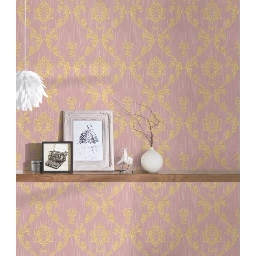 Klasszikus barokk ornamentika Vintage stílusban antik rózsaszín és fényes arany tónus textiltapéta