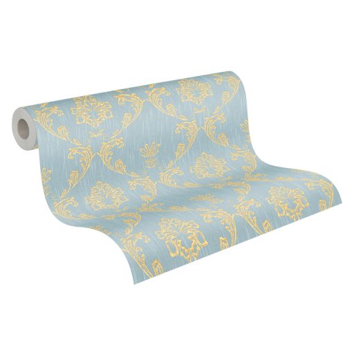 Klasszikus barokk ornamentika Vintage stílusban világoskék/zöldeskék és fényes arany tónus textiltapéta