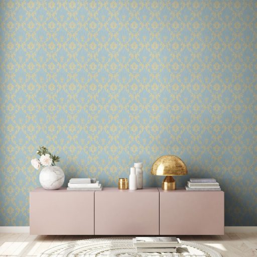 Klasszikus barokk ornamentika Vintage stílusban világoskék/zöldeskék és fényes arany tónus textiltapéta