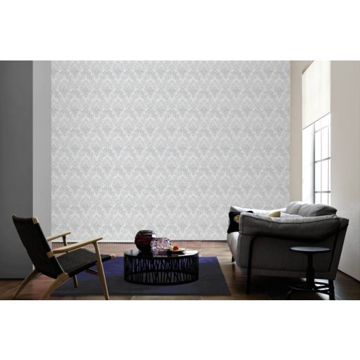Architects Paper Metallic Silk 30659-1 Vintage barokk díszítőminta textilszálakkal fehér és ezüst tónus selymes fény tapéta