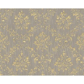   Klasszikus barokk díszítőminta Vintage jegyekkel textil háttéren barna/szürkésbarna és fényes arany tónus tapéta