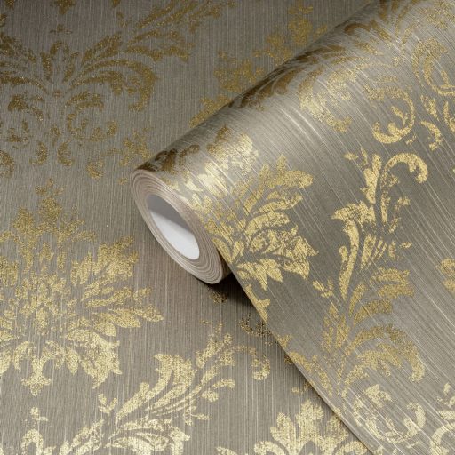 Klasszikus barokk díszítőminta Vintage jegyekkel textil háttéren barna/szürkésbarna és fényes arany tónus tapéta