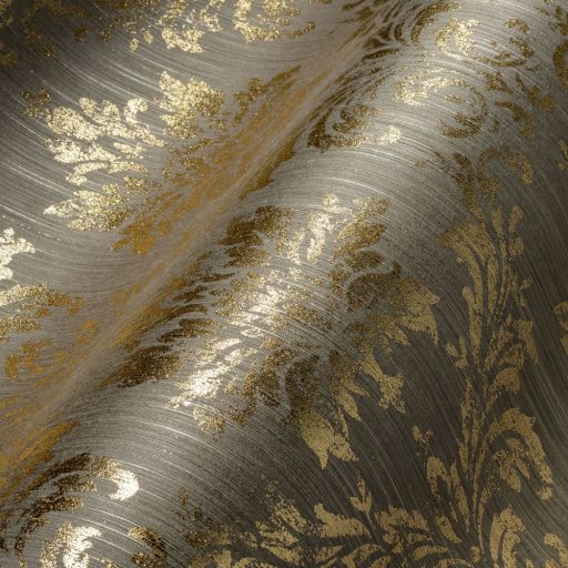 Klasszikus barokk díszítőminta Vintage jegyekkel textil háttéren barna/szürkésbarna és fényes arany tónus tapéta