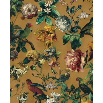   Eijffinger MUSEUM 307303 Vintage műalkotás virágok és madarak páratlanul gazdag megjelenése okkersárga zöld szines tapéta
