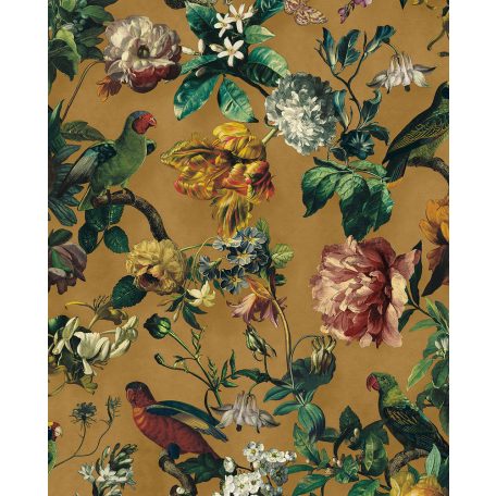 Eijffinger MUSEUM 307303 Vintage műalkotás virágok és madarak páratlanul gazdag megjelenése okkersárga zöld szines tapéta