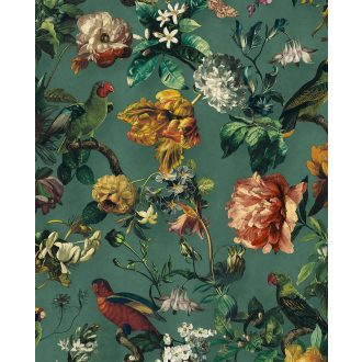  Eijffinger MUSEUM 307305 Vintage műalkotás virágok és madarak páratlanul gazdag megjelenése kékeszöld zöld szines tapéta