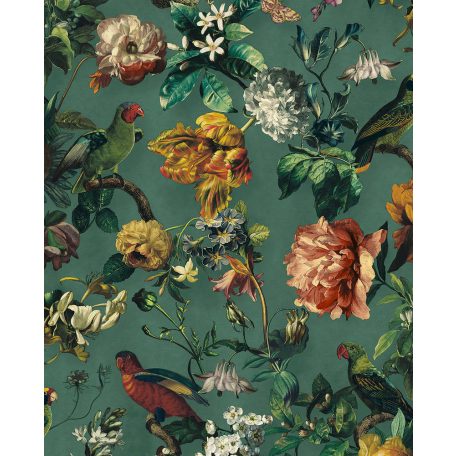 Eijffinger MUSEUM 307305 Vintage műalkotás virágok és madarak páratlanul gazdag megjelenése kékeszöld zöld szines tapéta