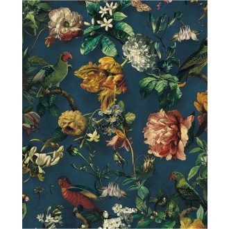   Eijffinger MUSEUM 307306 Vintage műalkotás virágok és madarak páratlanul gazdag megjelenése kék zöld szines tapéta