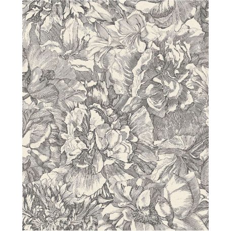Eijffinger MUSEUM 307340 Romantikus virágos sűrű szirmok grafikus ábrázolása fehér fekete tapéta