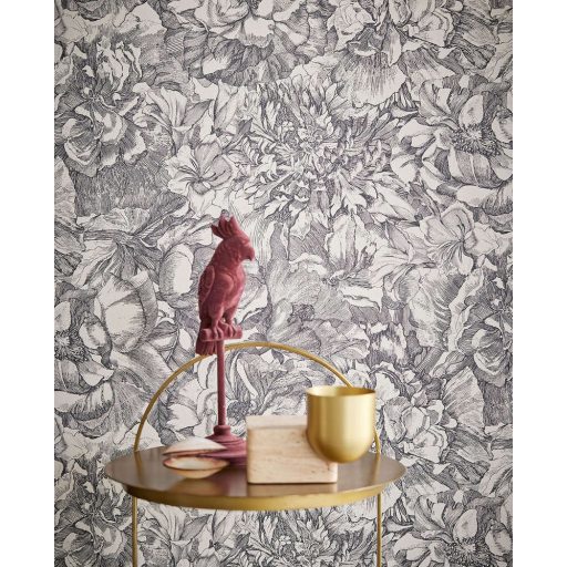 Eijffinger MUSEUM 307340 Romantikus virágos sűrű szirmok grafikus ábrázolása fehér fekete tapéta