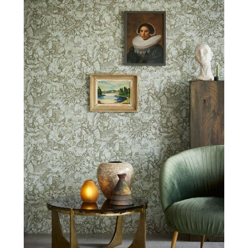 Eijffinger MUSEUM 307342 Romantikus virágos sűrű szirmok grafikus ábrázolása kékeszöld szürkésbarna tapéta