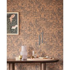   Eijffinger MUSEUM 307344 Romantikus virágos sűrű szirmok grafikus ábrázolása rézbarna sötétkék tapéta