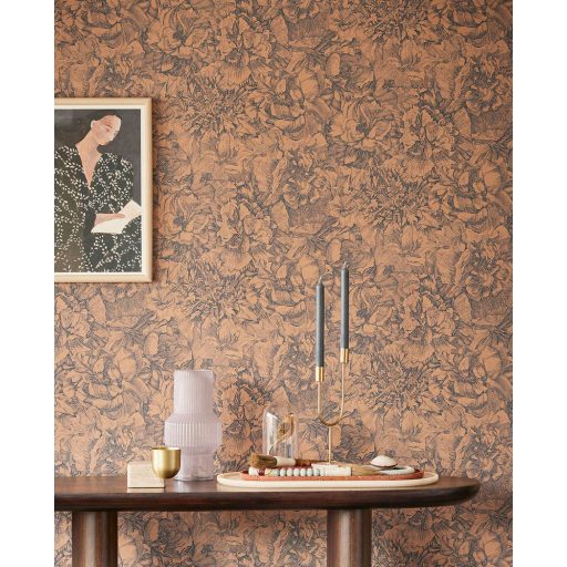 Eijffinger MUSEUM 307344 Romantikus virágos sűrű szirmok grafikus ábrázolása rézbarna sötétkék tapéta