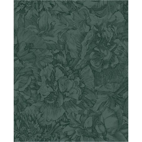 Eijffinger MUSEUM 307345 Romantikus virágos sűrű szirmok grafikus ábrázolása sötétzöld fekete tapéta