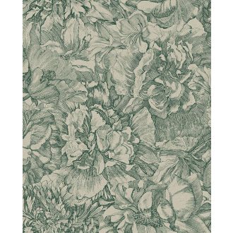   Eijffinger MUSEUM 307346 Romantikus virágos sűrű szirmok grafikus ábrázolása krémfehér zöld tapéta