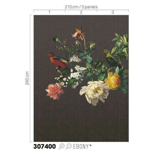 Eijffinger MUSEUM 307400 BIG BIRD Vintage Virágos kivételes szépségű vírágminta papagájokkal sötétbarna szines falpanel