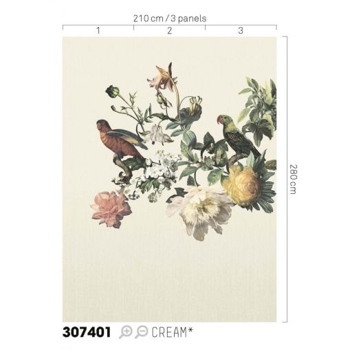 Eijffinger MUSEUM 307401 BIG BIRD Vintage Virágos kivételes szépségű vírágminta papagájokkal krémszín szines falpanel