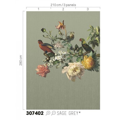 Eijffinger MUSEUM 307402 BIG BIRD Vintage Virágos kivételes szépségű vírágminta papagájokkal pasztell zöld szines falpanel