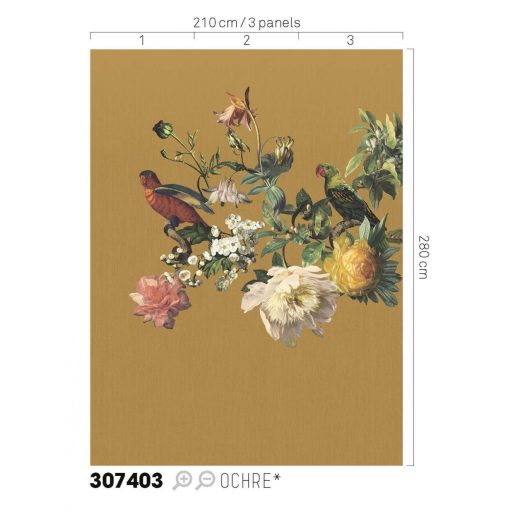 Eijffinger MUSEUM 307403 BIG BIRD Vintage Virágos kivételes szépségű vírágminta papagájokkal okkersárga szines falpanel