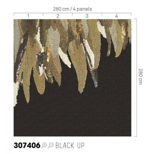 Eijffinger MUSEUM 307406 FANCY FEATHER Vintage Díszes madártoll kompozíció fekete arany szines falpanel