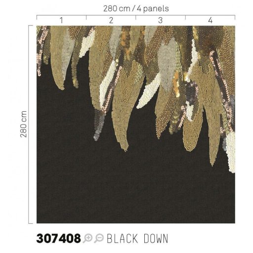 Eijffinger MUSEUM 307408 FANCY FEATHER Vintage Díszes madártoll kompozíció fekete arany szines falpanel