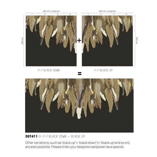 Eijffinger MUSEUM 307411 FANCY FEATHER Vintage Díszes madártoll kompozíció fekete arany azines falpanel