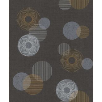   Mid-century misztikum - táncoló geometrikus korongok antracit sötétszürke arany/mustár törtfrhér és ezüst tónus fémes hatás tapéta