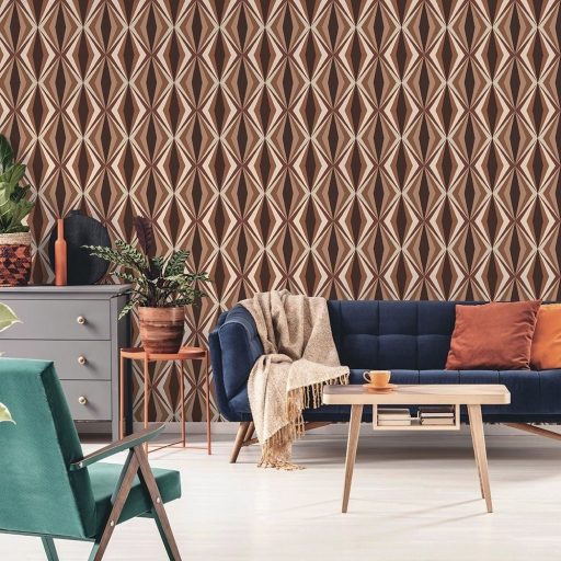 Lutece California Nostalgie 51173010 LOSANGE TERRACOTTA Retro rombusz minta krémfehér sárga narancs terrakotta vörös barna tapéta