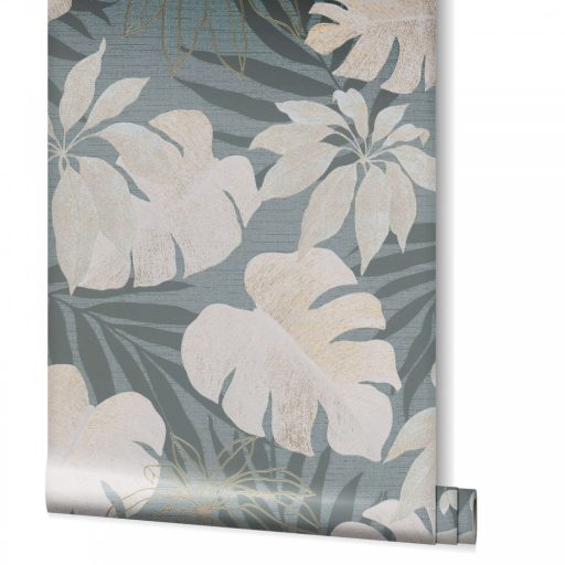 Marburg Avalon 31601 Natur botanikus Monstera és Schefflera kék szürke szürkéskék arany fémes hatás tapéta
