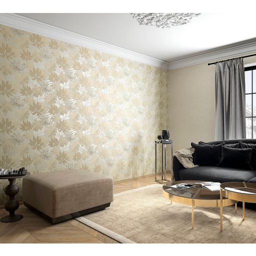 Marburg Avalon 31602 Natur botanikus Monstera és Schefflera krém bézs szürkésbézs arany fémes hatás tapéta