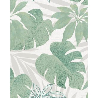   Marburg Avalon 31604 Natur botanikus Monstera és Schefflera szürkésfehér szürke zöld ezüst fémes hatás tapéta