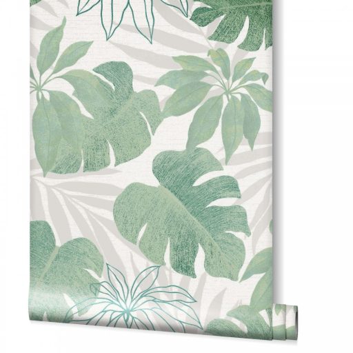 Marburg Avalon 31604 Natur botanikus Monstera és Schefflera szürkésfehér szürke zöld ezüst fémes hatás tapéta