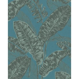   Nagyformátumú banánlevelek textil háttéren türkiz szürke és szürkészöld tónus tapéta