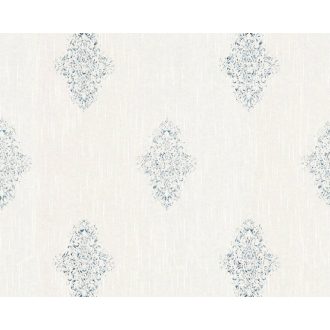   Klasszikus díszítőminta - rombuszba zárt finom indák textil háttéren fehér és fémes ezüst tónus tapéta