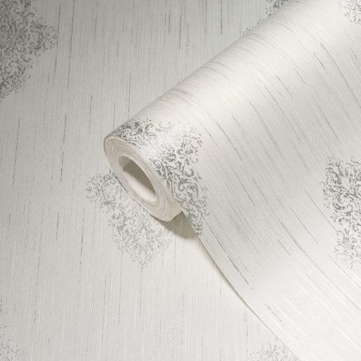 Klasszikus díszítőminta - rombuszba zárt finom indák textil háttéren fehér és fémes ezüst tónus tapéta