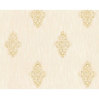   Klasszikus díszítőminta - rombuszba zárt finom indák textil háttéren krémfehér/fehér és fémes arany tónus tapéta