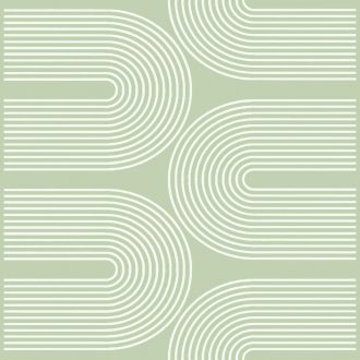   Vízszintes ritmusú koncentrikus geometriai ívek 3D mintája mészfehér és világos hárszöld tónus tapéta
