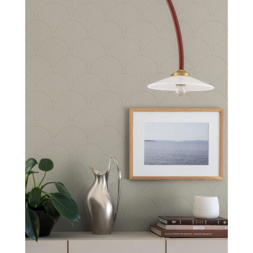 Modern geometria és az Art Deco íves vonalvezetés ötvözete szürkésbézs tónus tapéta