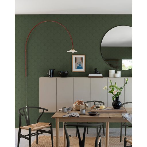 Modern geometria és az Art Deco íves vonalvezetés ötvözete zöld és sötét erdőzöld tónus tapéta